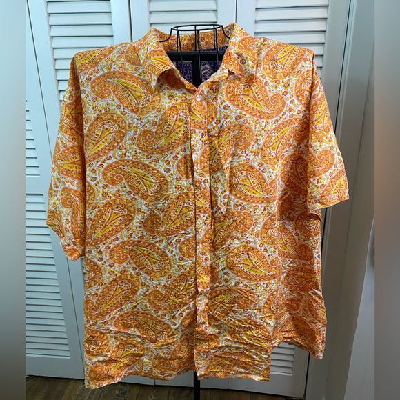 Steve Harvey size 5X orange yellow paisley linen blend Hawaiian short sleeve - Picture 1 of 11